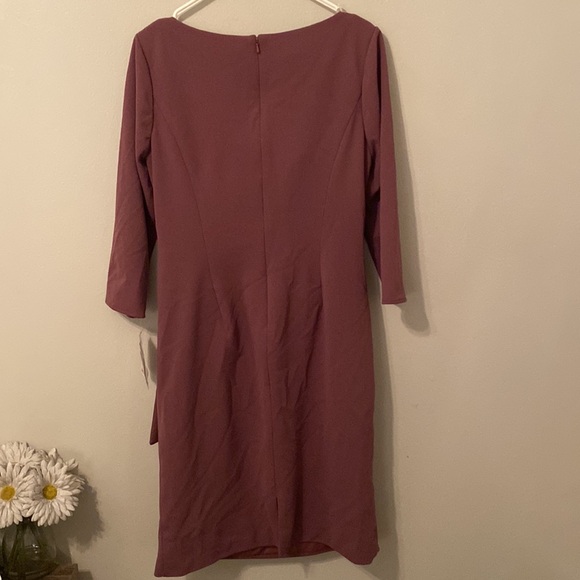 Oleg Cassini Knee Length Crepe Dress with Cascade in Color Chianti [Size: 14] - Picture 3 of 16